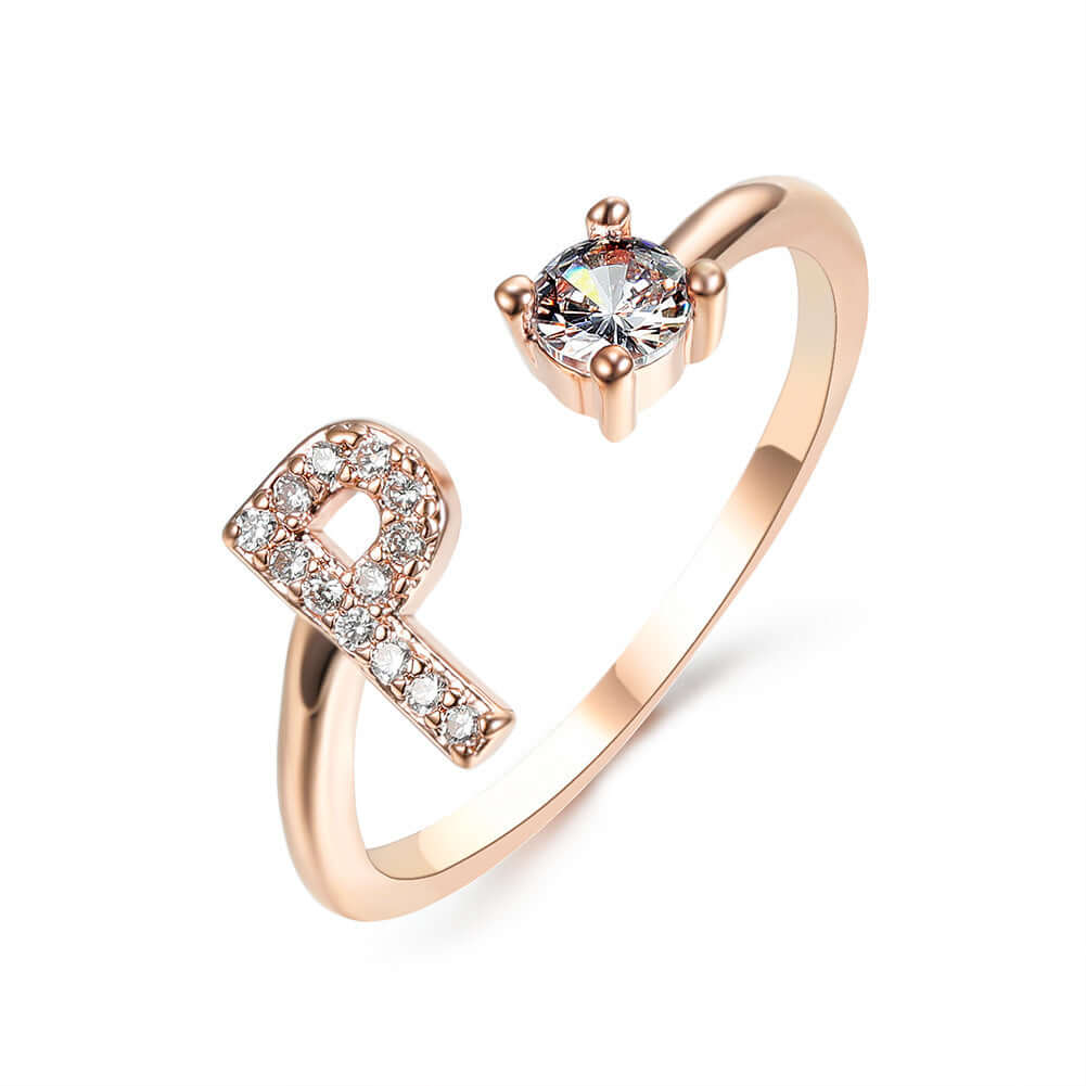 New Design Adjustable 26 Initial Letter Ring Fashion Jewelry For Women Simple Elegant Jewelry with sparkling letter R and diamond.