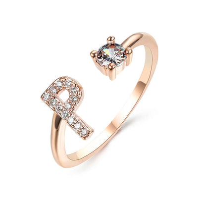 New Design Adjustable 26 Initial Letter Ring Fashion Jewelry For Women Simple Elegant Jewelry with sparkling letter R and diamond.