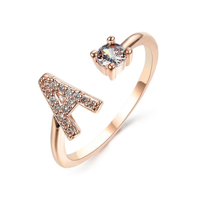 New Design Adjustable 26 Initial Letter Ring Fashion Jewelry For Women Simple Elegant Jewelry with letter A and zircon.