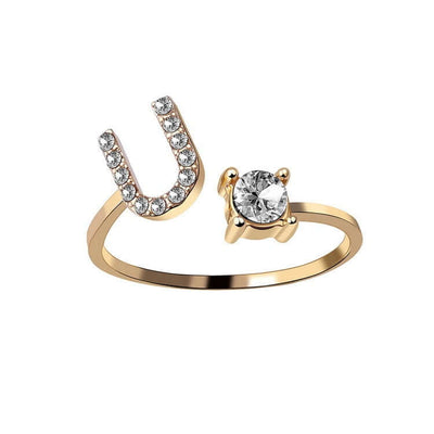 New Design Adjustable 26 Initial Letter Ring Fashion Jewelry For Women Simple Elegant Jewelry featuring U letter and zircon.