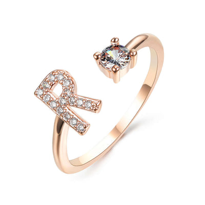 New Design Adjustable 26 Initial Letter Ring Fashion Jewelry For Women Simple Elegant Jewelry with sparkling letter R