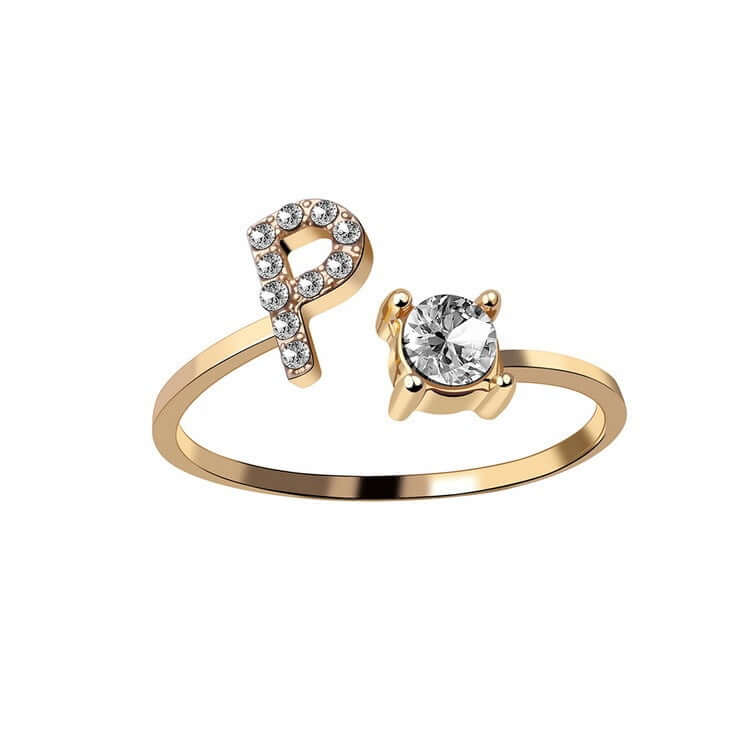 New Design Adjustable 26 Initial Letter Ring Fashion Jewelry For Women Simple Elegant Jewelry with zircon and gold finish.