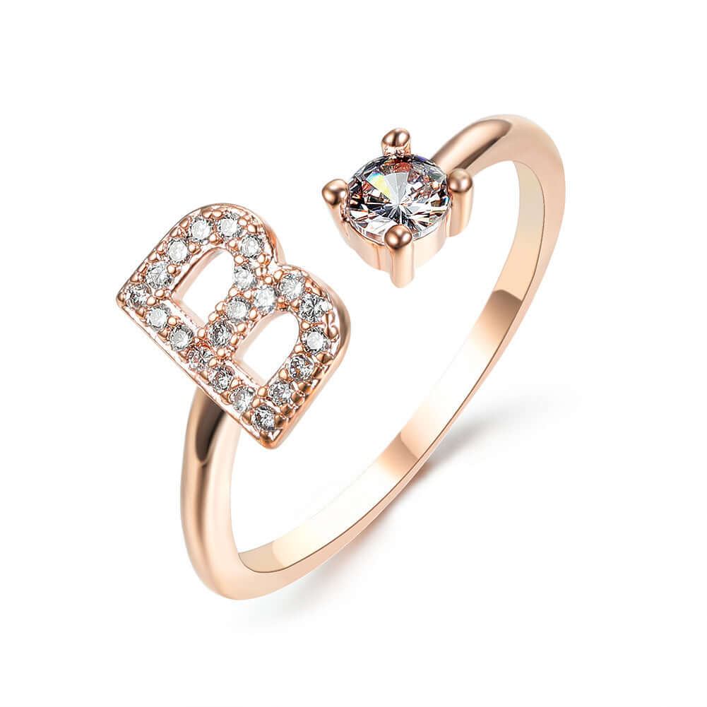 New Design Adjustable 26 Initial Letter Ring Fashion Jewelry For Women Simple Elegant Jewelry in rose gold with zircon.