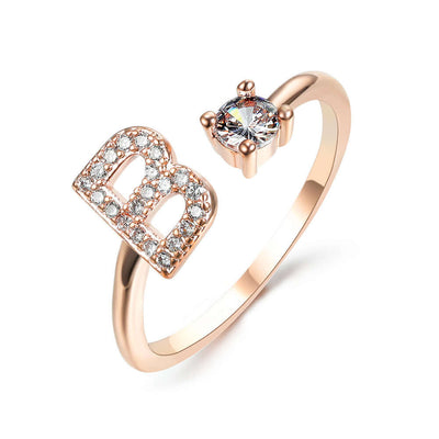 New Design Adjustable 26 Initial Letter Ring Fashion Jewelry For Women Simple Elegant Jewelry in rose gold with zircon.