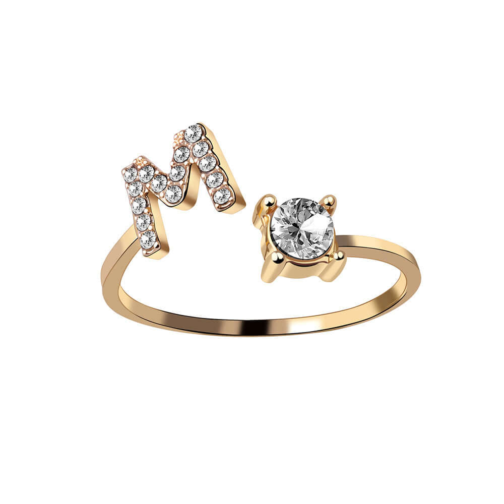 New Design Adjustable 26 Initial Letter Ring Fashion Jewelry For Women Simple Elegant Jewelry with diamond letter M