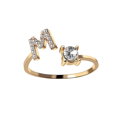 New Design Adjustable 26 Initial Letter Ring Fashion Jewelry For Women Simple Elegant Jewelry with diamond letter M
