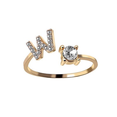 New Design Adjustable 26 Initial Letter Ring Fashion Jewelry For Women Simple Elegant Jewelry with W and zircon decoration.