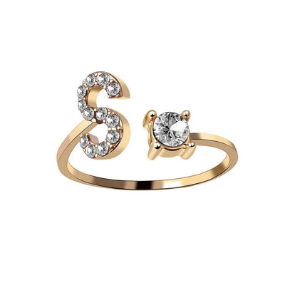 New Design Adjustable 26 Initial Letter Ring Fashion Jewelry For Women Simple Elegant Jewelry with S and diamond embellishment.