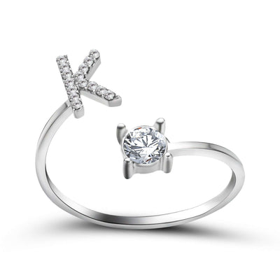 New Design Adjustable 26 Initial Letter Ring Fashion Jewelry For Women Simple Elegant Jewelry with a 'K' and diamond.