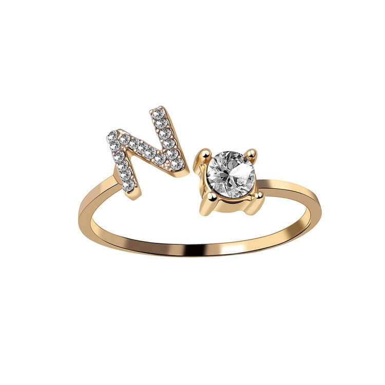 New Design Adjustable 26 Initial Letter Ring Fashion Jewelry For Women Simple Elegant Jewelry featuring letter N and zircon stone.