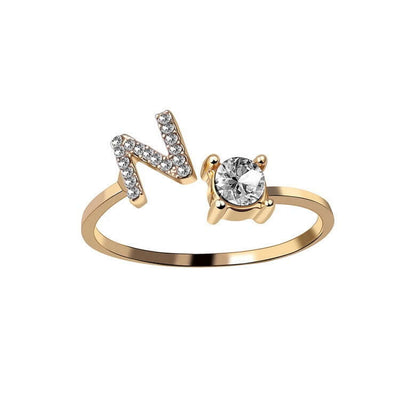 New Design Adjustable 26 Initial Letter Ring Fashion Jewelry For Women Simple Elegant Jewelry featuring letter N and zircon stone.