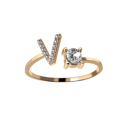 New Design Adjustable 26 Initial Letter Ring Fashion Jewelry For Women Simple Elegant Jewelry featuring a 'V' with diamond accents.
