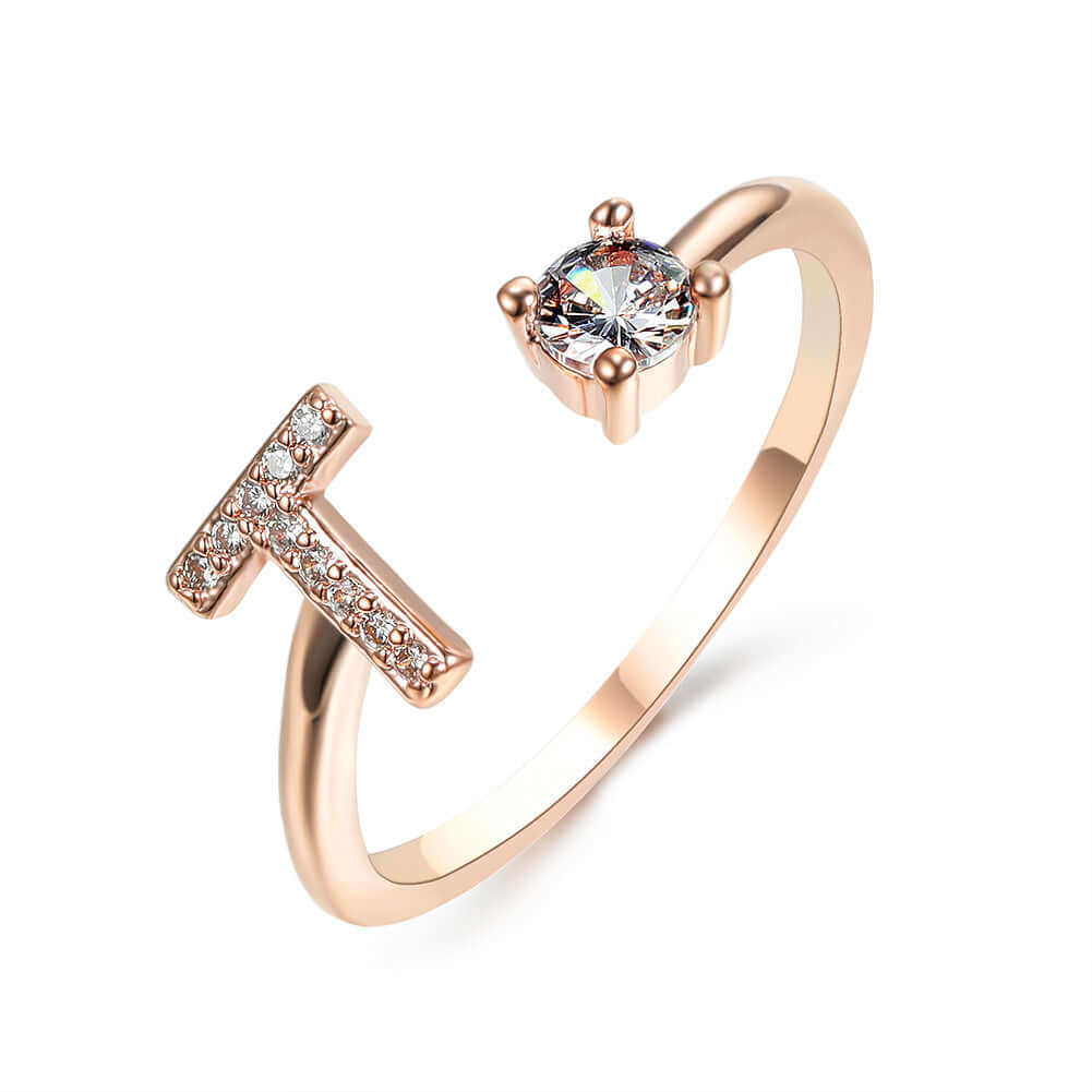 New Design Adjustable 26 Initial Letter Ring Fashion Jewelry For Women Simple Elegant Jewelry with sparkling 'T' letter.