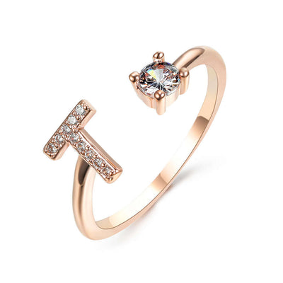 New Design Adjustable 26 Initial Letter Ring Fashion Jewelry For Women Simple Elegant Jewelry with sparkling 'T' letter.