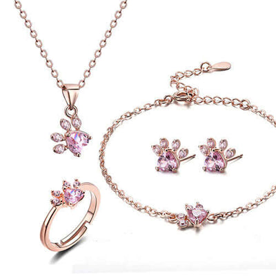 New Cat Bear Dog Paw Ring for Women Jewelry Sets featuring necklace, bracelet, earrings, and ring in rose gold.