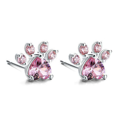 New Cat Bear Dog Paw Ring for Women Jewelry Sets - Pink Paw Earrings with CZ Stones
