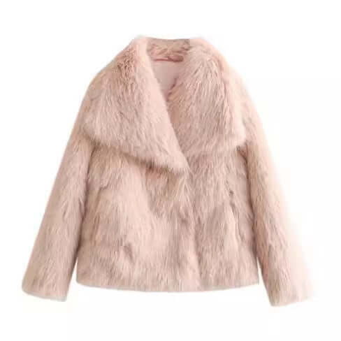 Winter Plush Coat Fashion Warm Thicken Fluffy Lapel Jacket Outwear Casual Long Sleeve Tops Womens Clothing in pink.