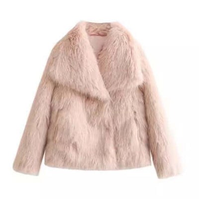 Winter Plush Coat Fashion Warm Thicken Fluffy Lapel Jacket Outwear Casual Long Sleeve Tops Womens Clothing in pink.