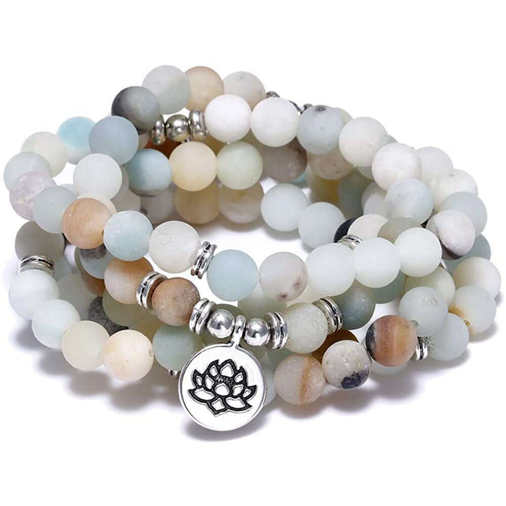 Tiger Eye Stone Bracelet Necklace 108 Buddha Beads Lotus Bracelet featuring frosted beads and lotus charm.