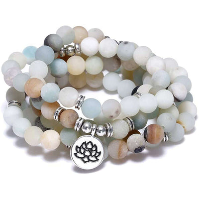 Tiger Eye Stone Bracelet Necklace 108 Buddha Beads Lotus Bracelet featuring frosted beads and lotus charm.