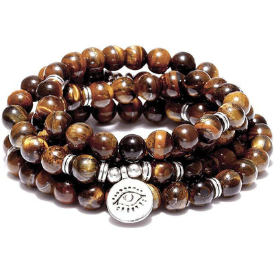 Tiger Eye Stone Bracelet Necklace 108 Buddha Beads Lotus Bracelet stacked with silver accents and natural stones.