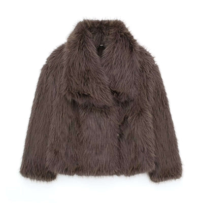 Winter Plush Coat Fashion Warm Thicken Fluffy Lapel Jacket Outwear Casual Long Sleeve Tops Womens Clothing in brown.
