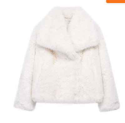 Winter Plush Coat Fashion Warm Thicken Fluffy Lapel Jacket Outwear Casual Long Sleeve Tops Womens Clothing in white color.