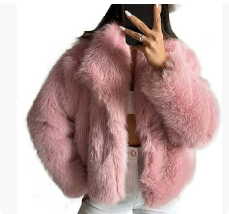 Winter Plush Coat Fashion Warm Thicken Fluffy Lapel Jacket Outwear Casual Long Sleeve Tops Womens Clothing in pink color.