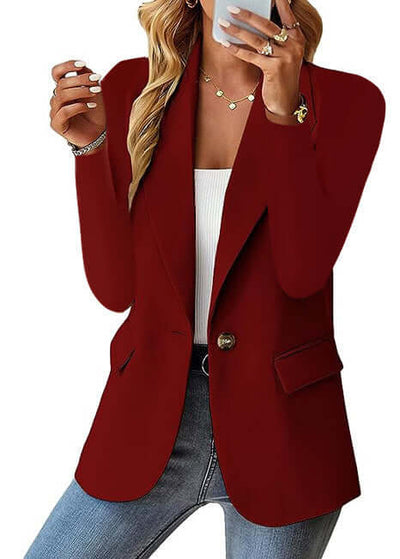 Women's Casual Suit Jacket Fashion Commuter Casual Suit in stylish red with pockets and regular sleeves.