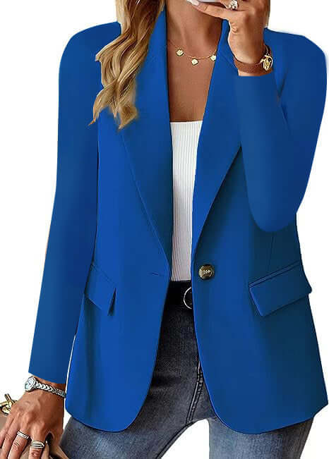 Women's Casual Suit Jacket Fashion Commuter Casual Suit in stylish blue design with regular sleeves and pockets.