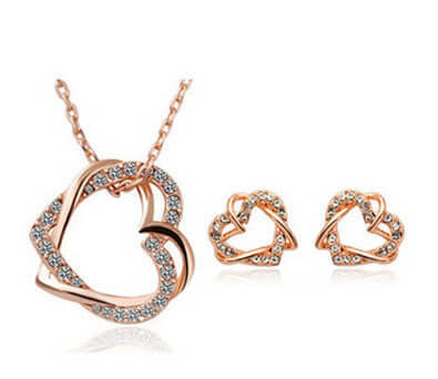 double diamond heart necklace earring set featuring rose gold and crystal design, elegant women's accessory